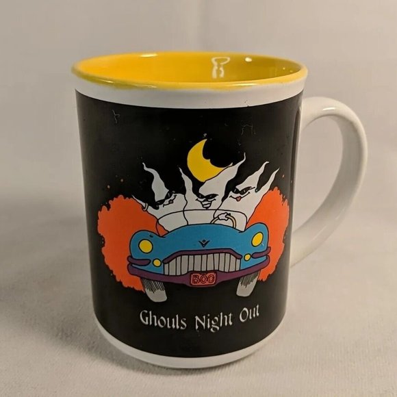 Vintage 1988 Ghouls Night Out Mug Ceramic Halloween Ghosts Black Yellow Carousel - Picture 4 of 11